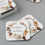 Dessous-de-verre Carré En Papier Rustique Automne Floral Mariage<br><div class="desc">Elégant dessous de verre mariages à fleurs d'automne avec vos noms encerclés par la couronne de fleurs d'aquarelle et le feuillage dans les tons d'ivoire, crème, marron et orange. Les dessous de verre de mariages fleuris d'automne boho sont parfaits pour votre réception de mariage, dîner de répétition, fête de fiançailles,...</div>
