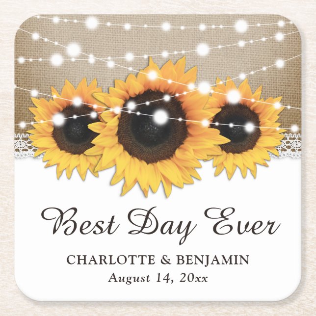 Dessous-de-verre Carré En Papier Rustique Burlap Lace String Lights Mariage de tour (Devant)