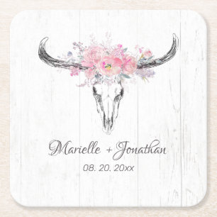 Dessous-de-verre Carré En Papier Rustique Crâne de vache Boho Blush Aquarelle rose 