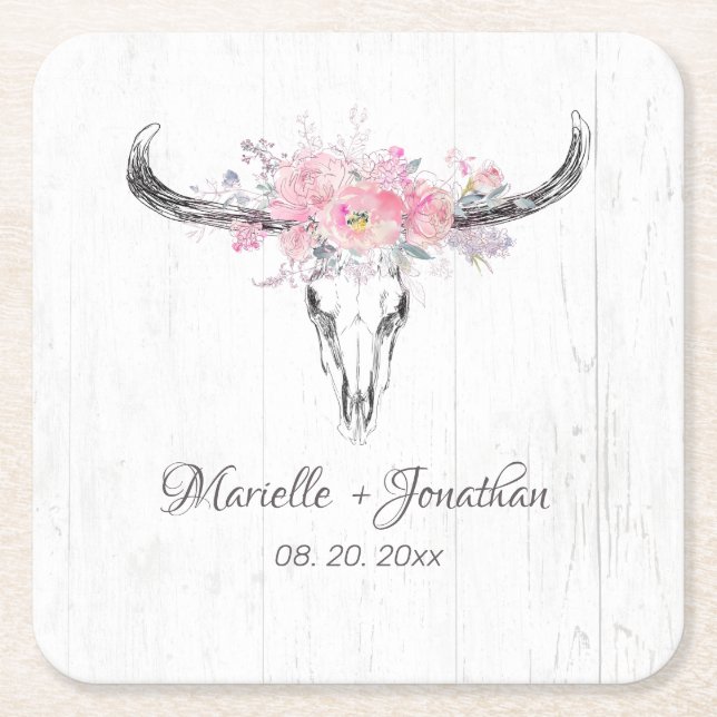 Dessous-de-verre Carré En Papier Rustique Crâne de vache Boho Blush Aquarelle rose  (Devant)