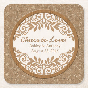 Dessous-de-verre Carré En Papier Rustique Faux Burlap Mariage de dentelle en bois P