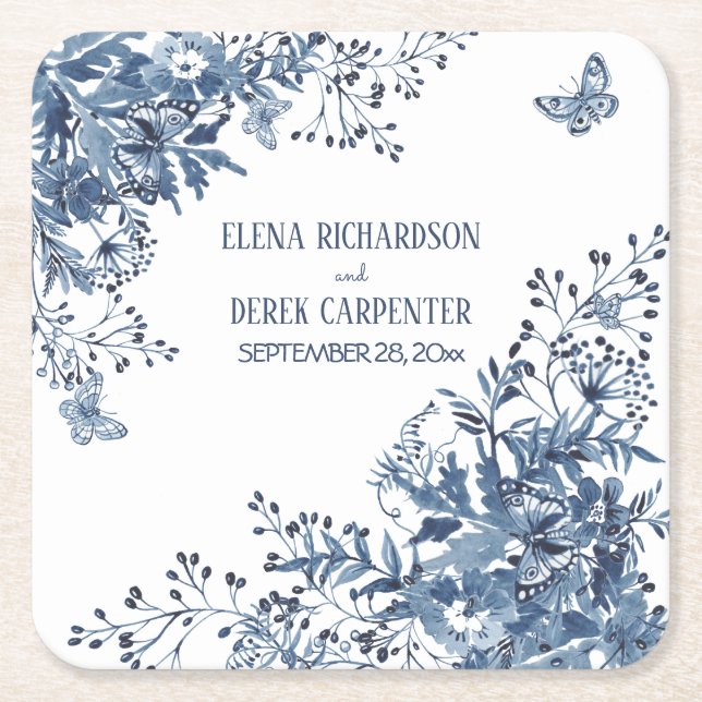 Dessous-de-verre Carré En Papier Rustique Jardin Bleu Aquarelle blanche Mariage Flo (Devant)