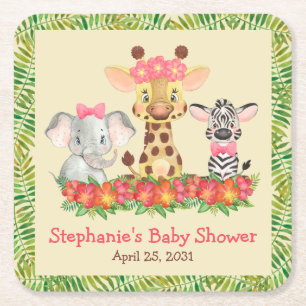 Dessous-de-verre Carré En Papier Safari Fille Girafe, Éléphant et Zèbre Baby Shower