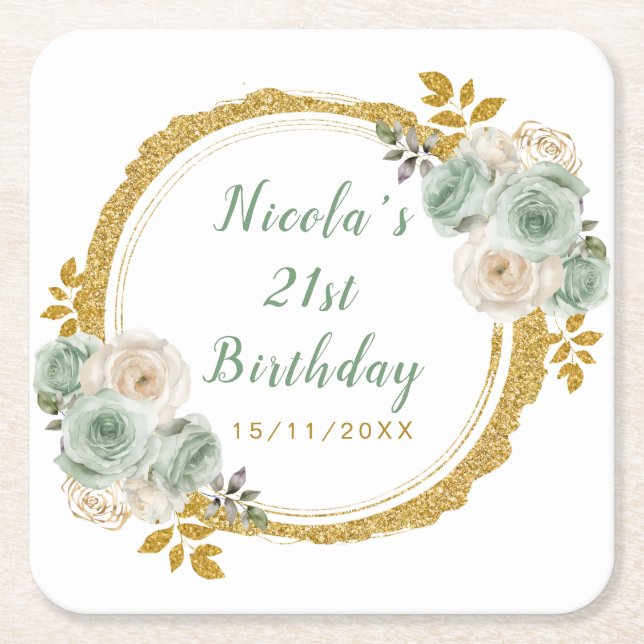 Dessous-de-verre Carré En Papier Sage Green and Gold Elegant Flowers Birthday Party (Devant)
