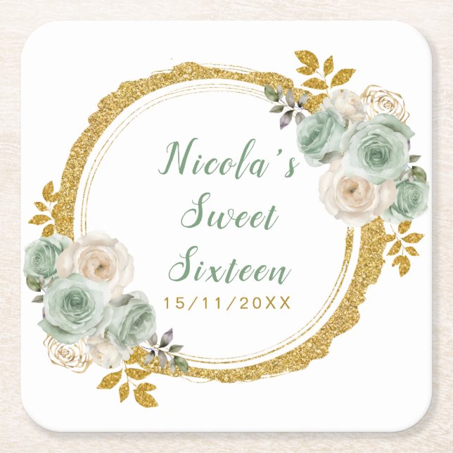 Dessous-de-verre Carré En Papier Sage Green and Gold Elegant Flowers Sweet Sixteen (Devant)