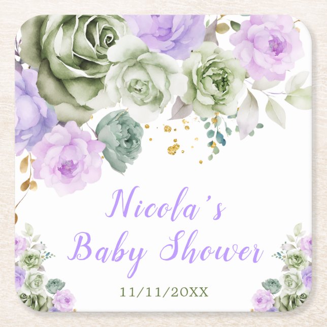 Dessous-de-verre Carré En Papier Sage Green and Purple Floral Baby Shower (Devant)