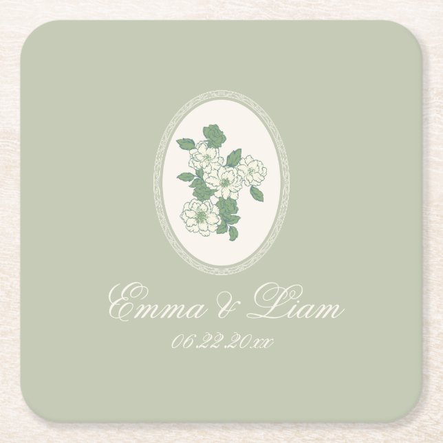 Dessous-de-verre Carré En Papier Sage Green Custom Wedding Paper Coasters (Devant)
