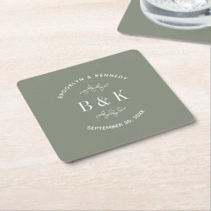 Dessous-de-verre Carré En Papier Sage Green Floral Botanogram Nom du couple
