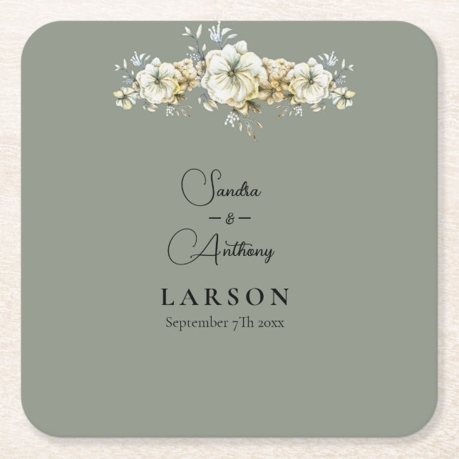 Dessous-de-verre Carré En Papier Sage Green Floral Wedding Square Paper Coaster (Devant)
