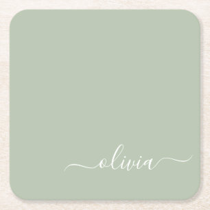Dessous-de-verre Carré En Papier Sage Green Minimaliste Moderne Monogramme Élégant