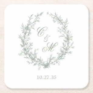 Dessous-de-verre Carré En Papier Sage Green Monogramme Mariage de couronne botaniqu