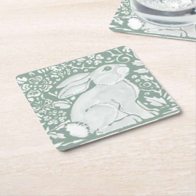 Dessous-de-verre Carré En Papier Sage Green Woodland Rabbit Forêt Animal mite (Incliné)