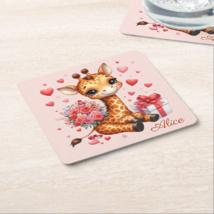 Dessous-de-verre Carré En Papier Saint Valentin Amour Rose Bouquet Giraffe