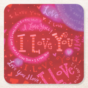 Dessous-de-verre Carré En Papier Saint Valentin Rouge rose Je t'aime Typographie
