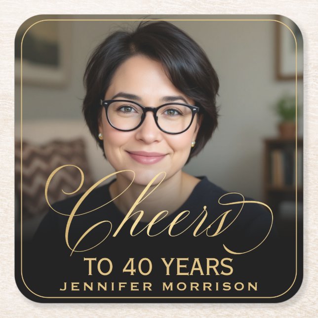 Dessous-de-verre Carré En Papier Salutations à 40 ans Anniversaire Photo Gold Noir (Devant)