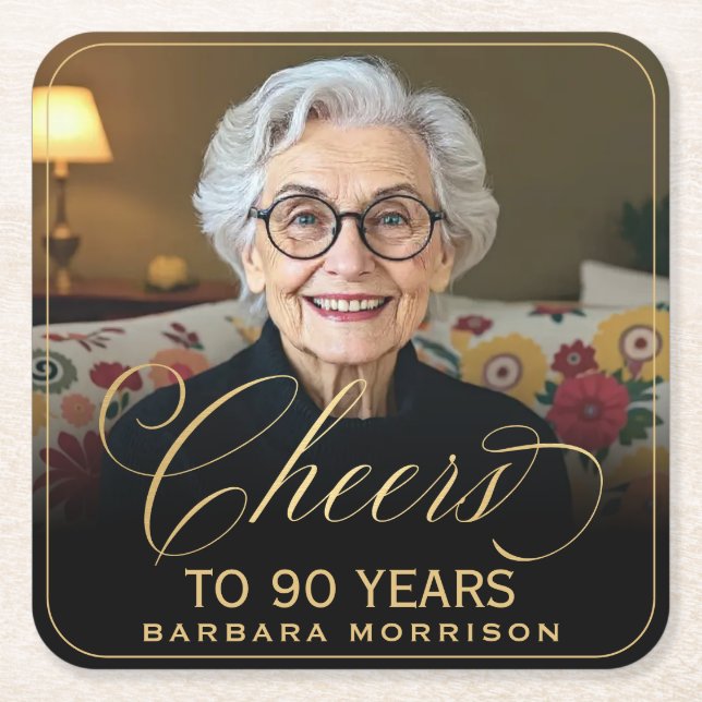 Dessous-de-verre Carré En Papier Salutations à 90 ans Anniversaire Photo Gold Noir (Devant)