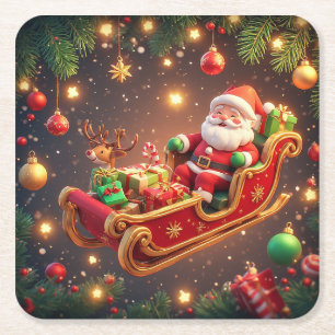 Dessous-de-verre Carré En Papier Santa Claus Riding Sleigh avec un renne