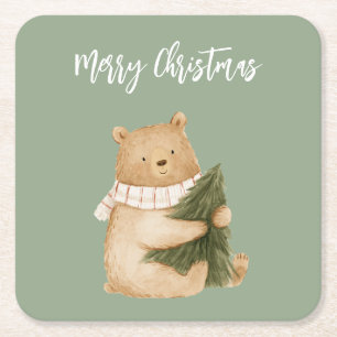 Dessous-de-verre Carré En Papier Sapin de Noël Ours Heureux Blanc Vert