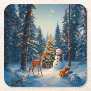 Dessous-de-verre Carré En Papier Scene d'arbre de Noël Cute Deer Fawn Snowman