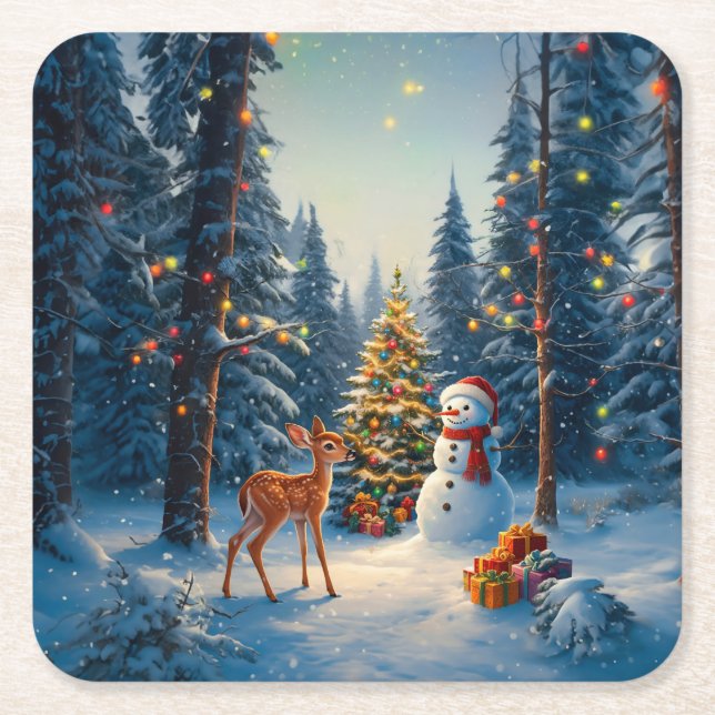 Dessous-de-verre Carré En Papier Scene d'arbre de Noël Cute Deer Fawn Snowman (Devant)