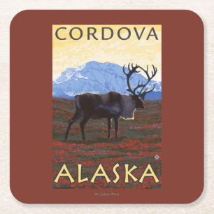 Dessous-de-verre Carré En Papier Scène de caribou - Cordova, Alaska