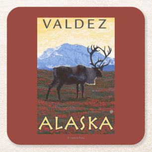 Dessous-de-verre Carré En Papier Scène de caribou - Valdez, Alaska