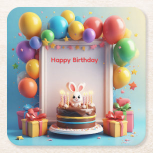 Dessous-de-verre Carré En Papier Scène de célébration d'anniversaire avec gâteau, b
