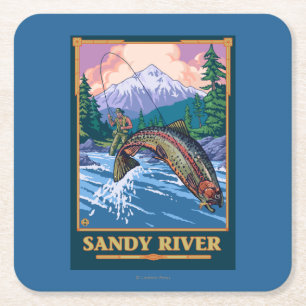 Dessous-de-verre Carré En Papier Scène de pêche de mouche - rivière de Sandy,