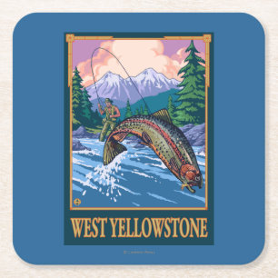 Dessous-de-verre Carré En Papier Scène de pêche de mouche - Yellowstone occidenta