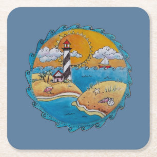 Dessous-de-verre Carré En Papier Scène de plage de phare fantaisiste, art folkloriq