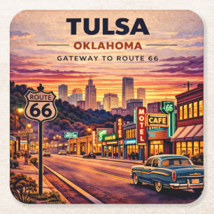 Dessous-de-verre Carré En Papier Scène de voyage vintage sur la route 66 à Tulsa Ok