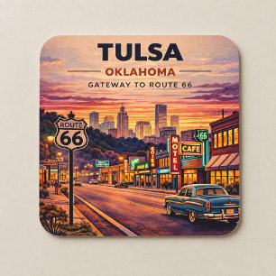 Dessous-de-verre Carré En Papier Scène de voyage vintage sur la route 66 à Tulsa Ok