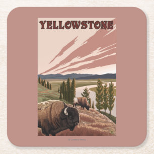 Dessous-de-verre Carré En Papier Scène de YellowstoneBison