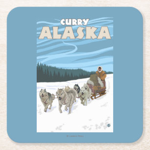 Dessous-de-verre Carré En Papier Scène Sledding de chien - cari, Alaska