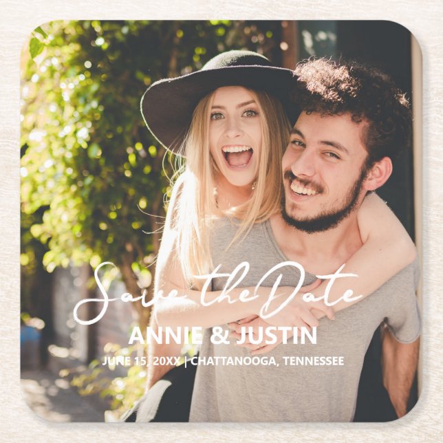 Dessous-de-verre Carré En Papier Script de Wedding Save the Date avec photo (Devant)