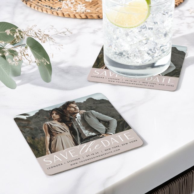 Dessous-de-verre Carré En Papier Script lisse | Photo Enregistrer la date (Créateur téléchargé)