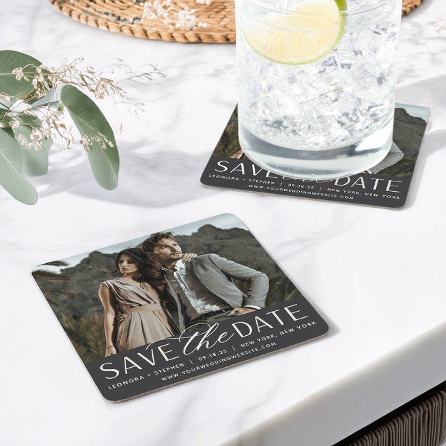 Dessous-de-verre Carré En Papier Script lisse | Photo Enregistrer la date (Créateur téléchargé)