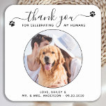 Dessous-de-verre Carré En Papier Script moderne Merci personnalisé Pet Mariage phot<br><div class="desc">Merci de célébrer mes humains ! Ajoutez la touche finale à votre mariage avec ces dessous de verre de mariage photo personnalisés. Parfait pour votre mariage après la fête et la réception, et comme faveurs de mariage pour vos invités. Customisez ce dessous de verre de mariage de chien photo avec...</div>