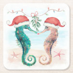 Dessous-de-verre Carré En Papier Seahorse Père Noël Coastal Christmas Kiss Beach<br><div class="desc">Thème côtier Les montagnes de Noël ont un couple d'hippocampes aquarelles sur la plage portant des chapeaux de Père Noël et s'embrassant sous un tatouage. Visitez ma collection "Seahorse Coastal Christmas Kiss" pour coordonner les invitations, les cartes, les fournitures de fête, la décoration et plus encore. Art par KL Stock....</div>