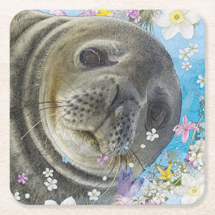 Dessous-de-verre Carré En Papier Sealion de conte de Fairytale dans l'océan des fle