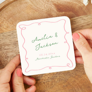 Dessous-de-verre Carré En Papier Serviettes de mariage vertes et roses dessinées à