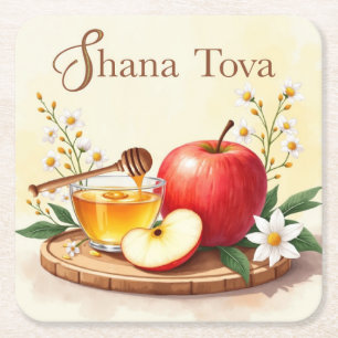 Dessous-de-verre Carré En Papier Shana Tova Rosh Hashanah Pomme et Fleurs de miel