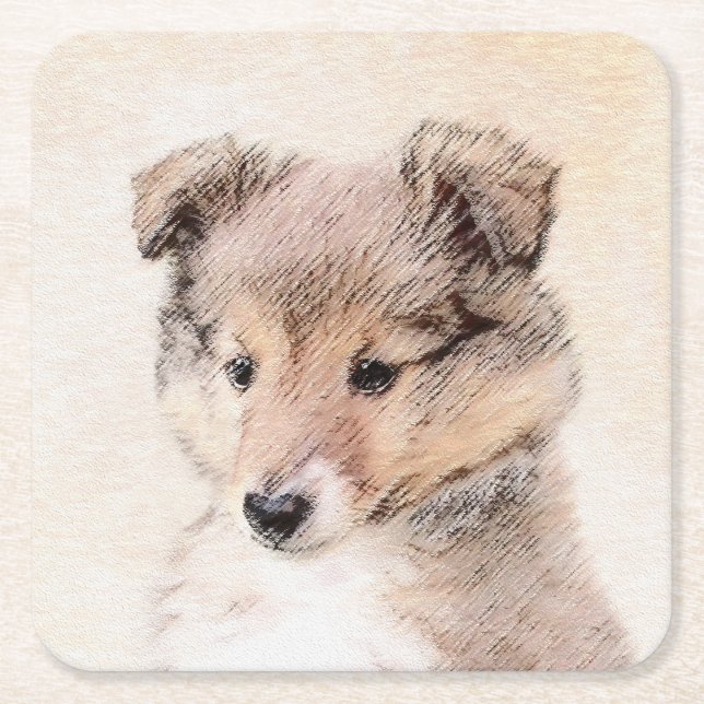 Dessous-de-verre Carré En Papier Shetland Sheepdog Puppy Peinture Chien original ar (Devant)
