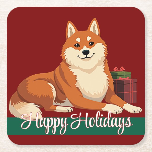 Dessous-de-verre Carré En Papier Shiba Inu Happy Holidays Coasters (Devant)