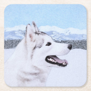 Dessous-de-verre Carré En Papier Sibérie Husky (argent et blanc) Peinture Chien Art