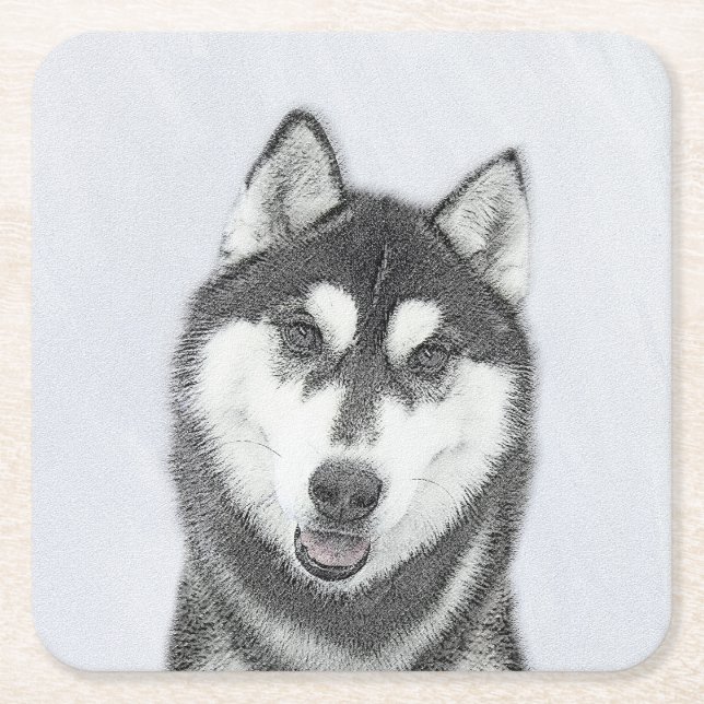 Dessous-de-verre Carré En Papier Sibérie Husky (noir et blanc) Peinture Chien Art (Devant)