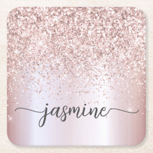Dessous-de-verre Carré En Papier Signature de nom de monogramme pailleté or rose él