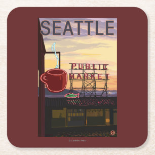 Dessous-de-verre Carré En Papier Signe du marché d'endroit de SeattlePike et vue d