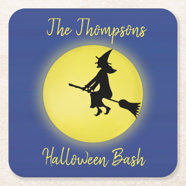 Dessous-de-verre Carré En Papier Silhouette de sorcière volante d'Halloween au clai (Devant)