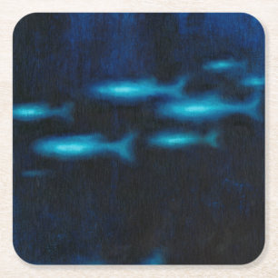 Dessous-de-verre Carré En Papier Silhouettes translucides bleues de poissons